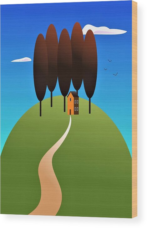 Landscape Wood Print featuring the digital art Red Tree Hill by Fatline Graphic Art