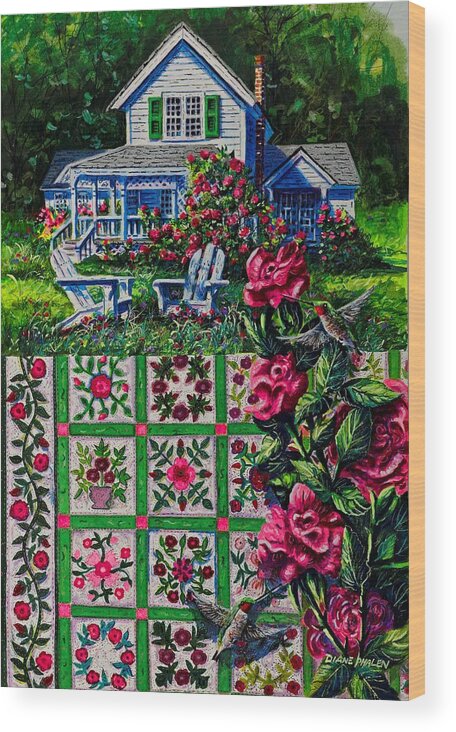 A Patchwork Quilt Of Traditional Rose Patterns In A Rose Garden With Hummingbirds Wood Print featuring the painting Rose Garden by Diane Phalen