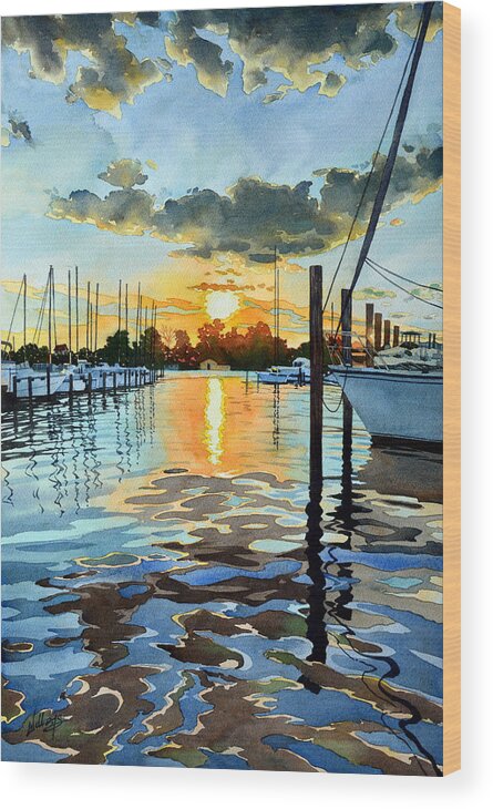 Watercolor Wood Print featuring the painting Salt Water Sunset by Mick Williams