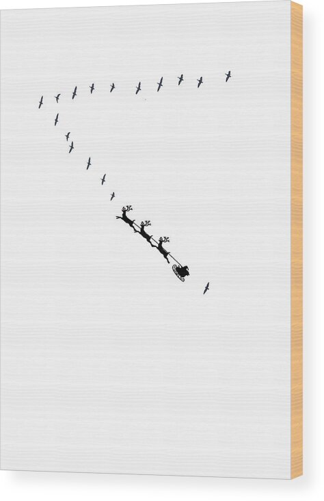 Canada Geese Wood Print featuring the mixed media Santa Flies in Formation by Moira Law