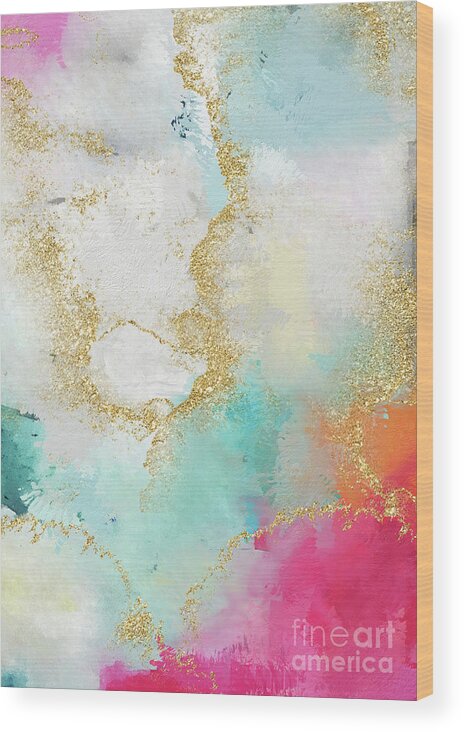 Watercolor Wood Print featuring the painting Seafoam Green, Pink And Gold by Modern Art