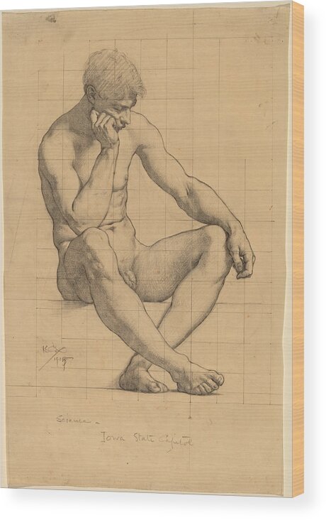Kenyon Cox Wood Print featuring the drawing Seated Male Nude, Study for Science. Iowa State Capitol by Kenyon Cox