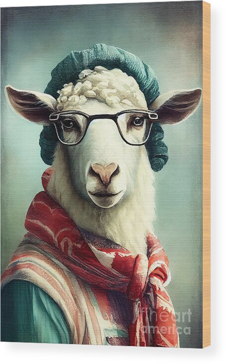 Sheep Wood Print featuring the painting Sheep in Suit Watercolor Hipster Animal Retro Costume by Jeff Creation
