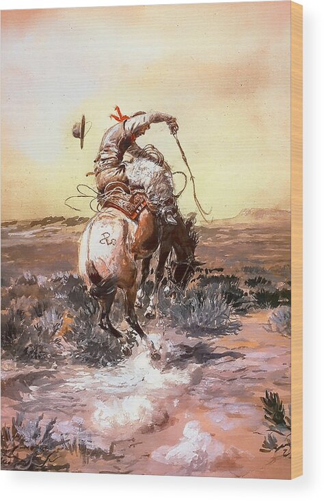 Charles Russell Wood Print featuring the painting Slick Rider by Charles Russell