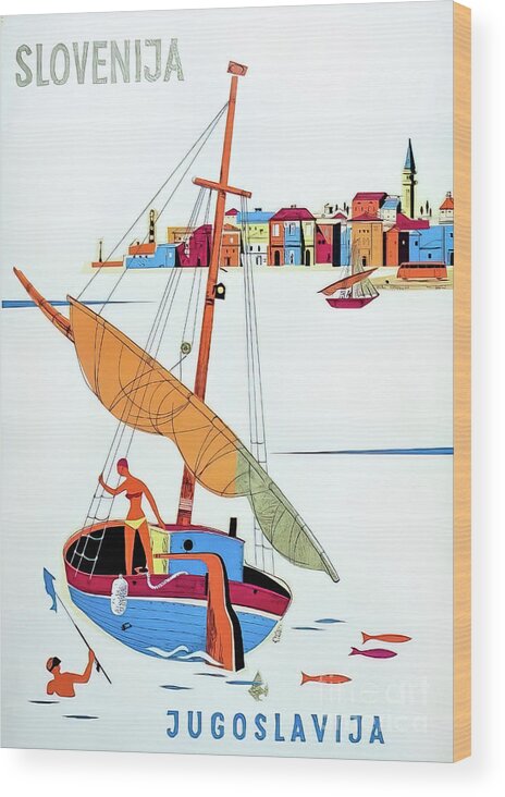 Boat Wood Print featuring the drawing Slovenia Travel Poster 1955 by M G Whittingham