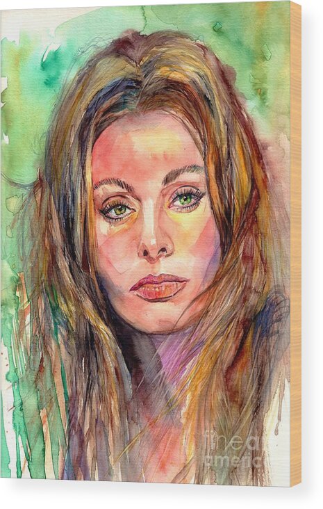 Cinema Wood Print featuring the painting Sophia Loren Watercolor Portrait by Suzann Sines