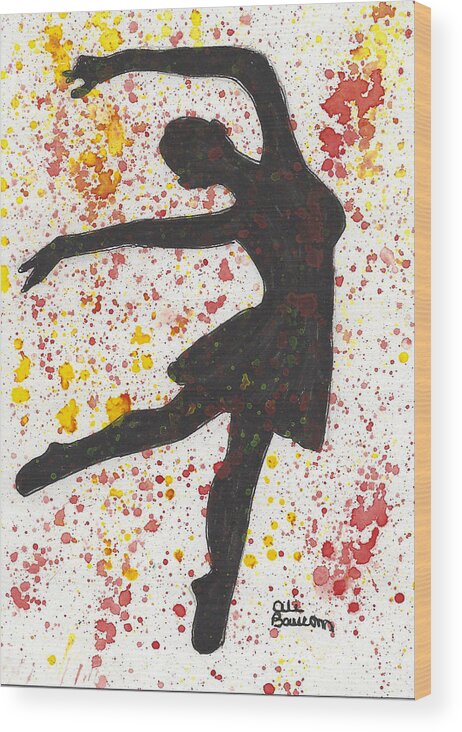 Silhouette Wood Print featuring the painting Splash Dance Black Silhouette of a Dancer against Splashes of Yellows and Reds by Ali Baucom