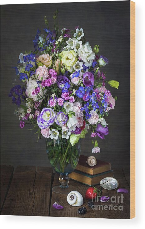 Flowers Wood Print featuring the photograph Still life with shells by Darya Zelentsova