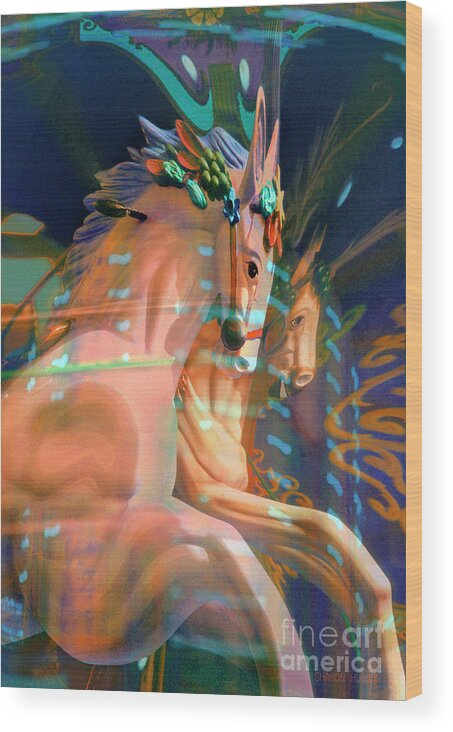 Carousel Wood Print featuring the photograph surreal fantasy horses - Pier Pair by Sharon Hudson