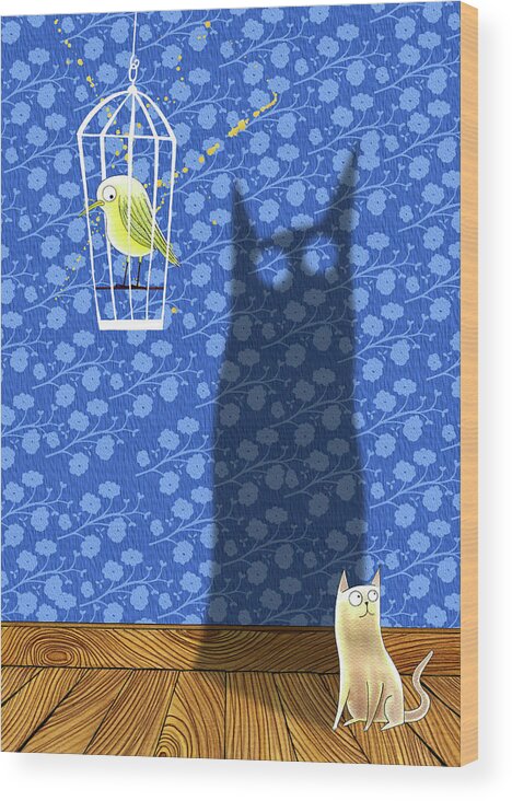 Cat Wood Print featuring the drawing The Haunted Birdcage by Andrew Hitchen