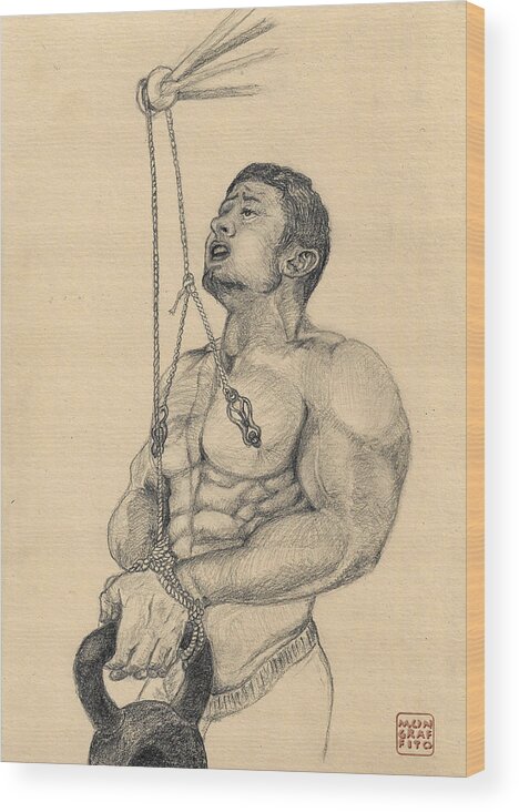 Gay Art Wood Print featuring the drawing The Kettlebell and the Nipples by Mon Graffito