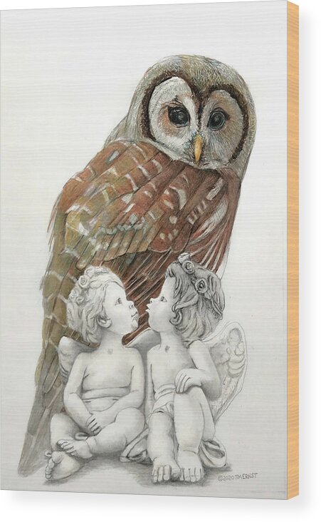 Prey Wood Print featuring the drawing The Owl-guardian or predator by Tim Ernst