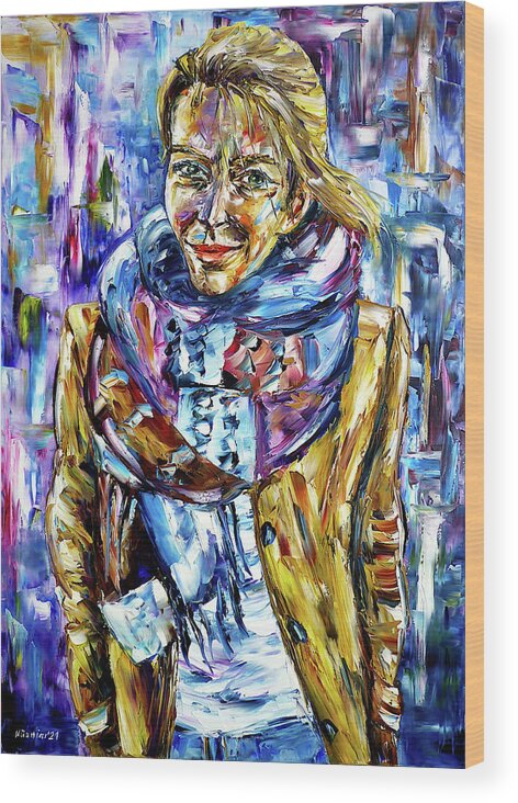 Stephanie Baczyk Portrait Wood Print featuring the painting The woman in the coat, Stephanie Baczyk by Mirek Kuzniar