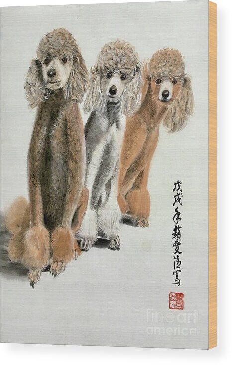 Puppy Poodle Portraits Wood Print featuring the painting Three Poodle Dog by Carmen Lam