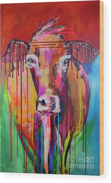 Cow Wood Print featuring the painting Too Moo for Yoo III by Robin Valenzuela