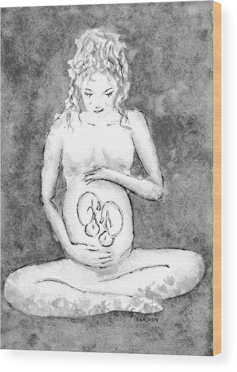 Twins Wood Print featuring the painting Twin Pregnancy Black and White by Carlin Blahnik CarlinArtWatercolor