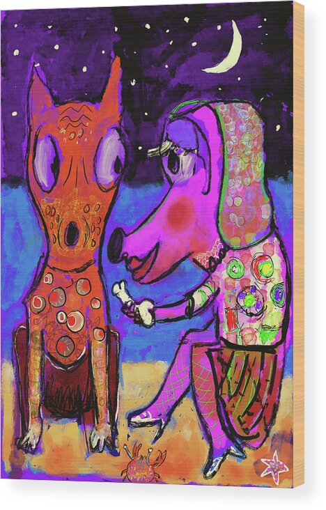 1subject Wood Print featuring the digital art Two dogs and a bone at the seaside by Jeremy Holton