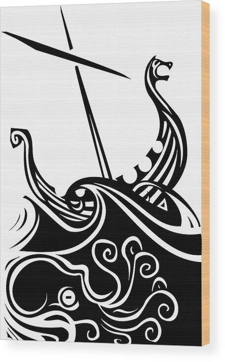 Animal Wood Print featuring the drawing Viking Longship Sailing by Jeffrey Thompson