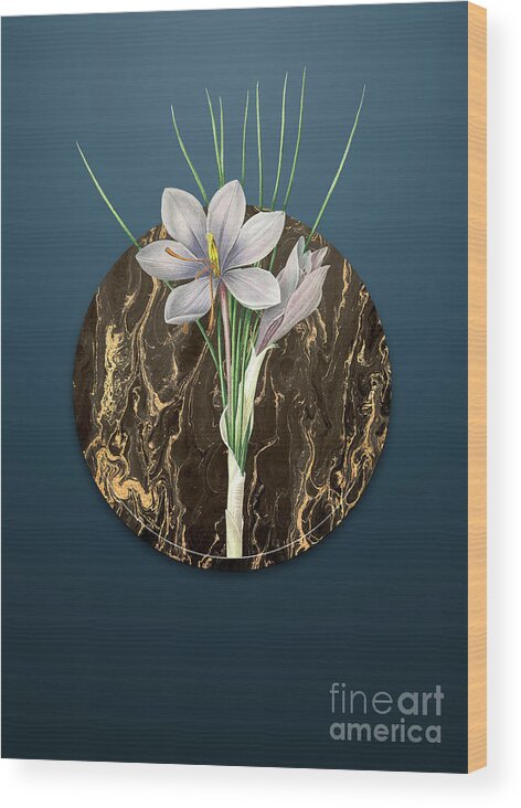 Vintage Wood Print featuring the painting Vintage Autumn Crocus Art in Gilded Marble on Dusk Blue by Holy Rock Design