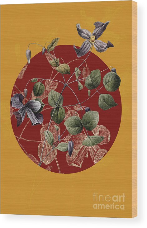 Vintage Wood Print featuring the painting Vintage Botanical Virgins Bower on Circle Red on Yellow by Holy Rock Design