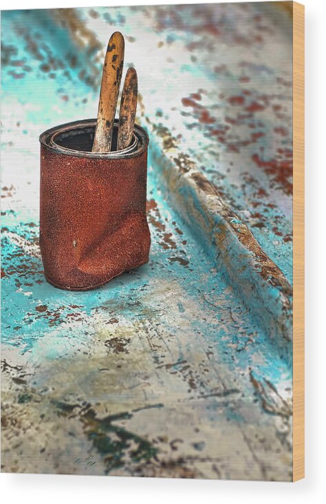 Rowboat Wood Print featuring the photograph Rusted Paint Can On the Hull of a Wooden Rowboat by Cordia Murphy