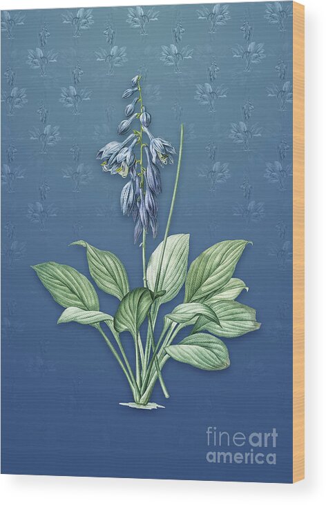 Vintage Wood Print featuring the mixed media Vintage Daylily Botanical Art on Bahama Blue Pattern n.1325 by Holy Rock Design