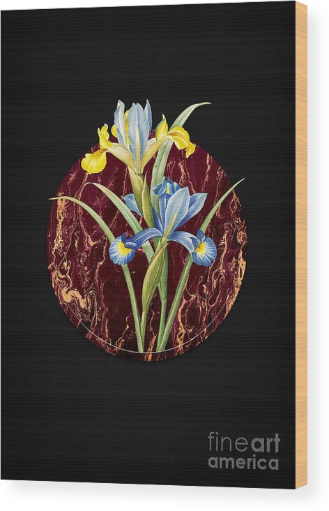 Vintage Wood Print featuring the painting Vintage Spanish Iris Art in Gilded Marble on Shadowy Black by Holy Rock Design