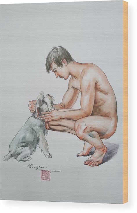 Male Nude Wood Print featuring the painting watercolor -Man and dog #20711 by Hongtao Huang