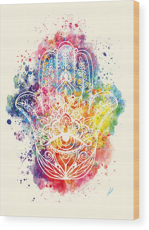 Watercolor Wood Print featuring the painting Watercolor - The Hamsa by Vart by Vart Studio