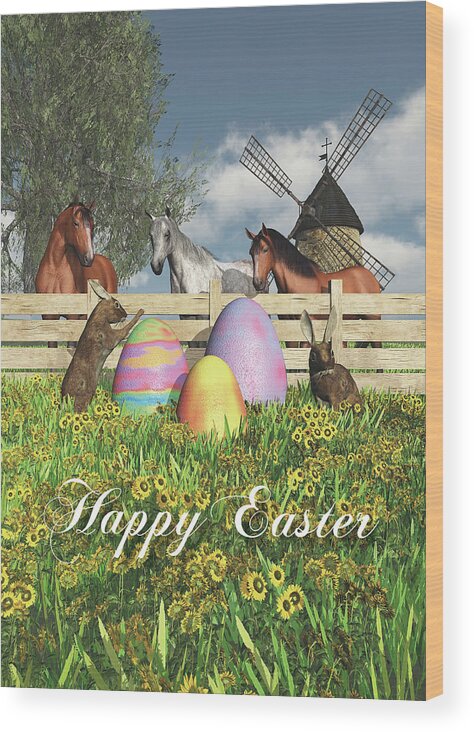 Animal Wood Print featuring the digital art Whimsical Fantasy Easter bunnies eggs and horses by Jan Keteleer