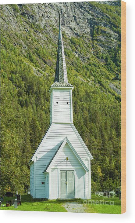 Norwegian Wood Print featuring the photograph White Norwegian church at Jostedal, Norway by Neale And Judith Clark