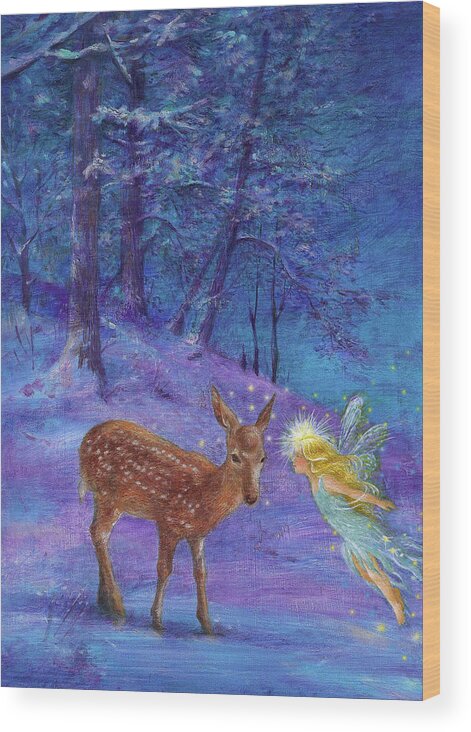 Magical Winter Woodland Wood Print featuring the painting Winter Fairy with Fawn by Judith Cheng