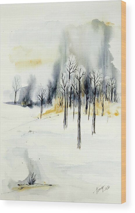 Watercolor Wood Print featuring the painting Winter silence by Aniko Hencz