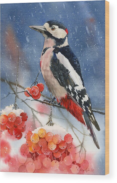 Bird Wood Print featuring the painting Winter Woodpecker by Espero Art