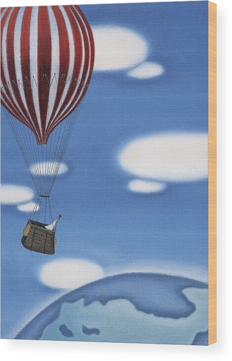 Recreational Pursuit Wood Print featuring the drawing Woman High Up in a Hot Air Ballon Looking at the Earth by Mandy Pritty