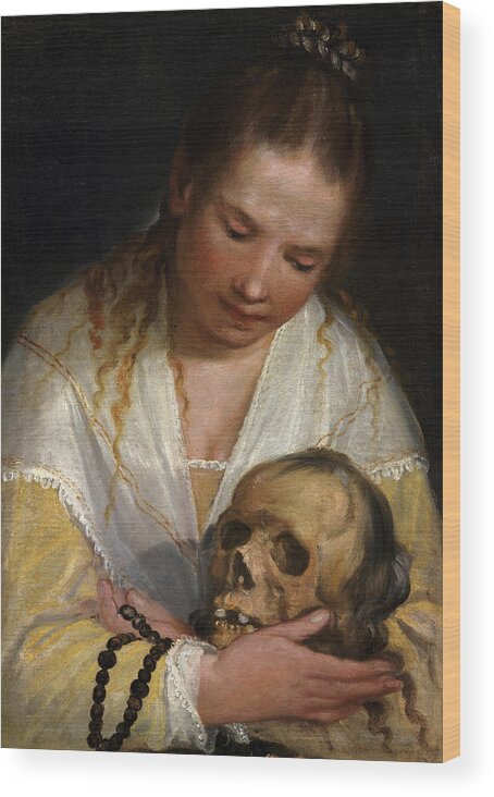 Alessandro Casolano Wood Print featuring the painting Young Woman Contemplating a Skull by Alessandro Casolano
