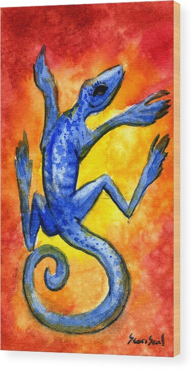 Lizard Wood Print featuring the painting Blue Lizard by Sean Seal