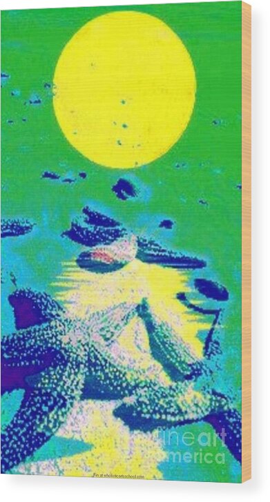 Blue Starfish Wood Print featuring the painting Blue Starfish Yellow Moon by PainterArtist FIN