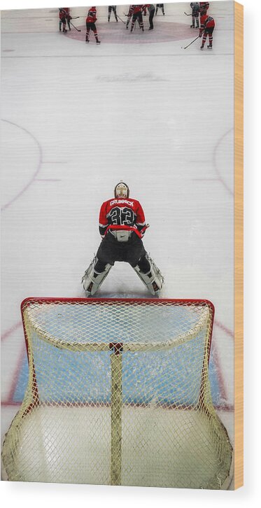Hockey Goalie Net Crease Goal Score Mask Center Ice Zamboni Sport Sports Ice Hockey Check Fight Wait Prepare Ready Glove Stick Red Blue White Circle Jersey Score Goal Goalie Skate Skates Skater Boot Carve Ice Rink Sheet Wood Print featuring the photograph Faceoff by Tom Gort