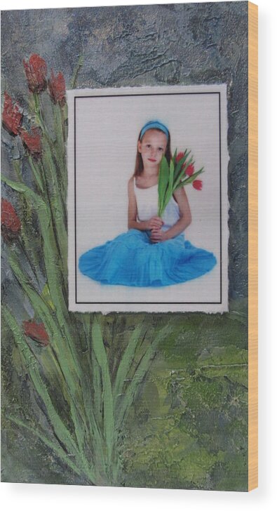 Girl Wood Print featuring the mixed media Girl with Tulips by Anita Burgermeister