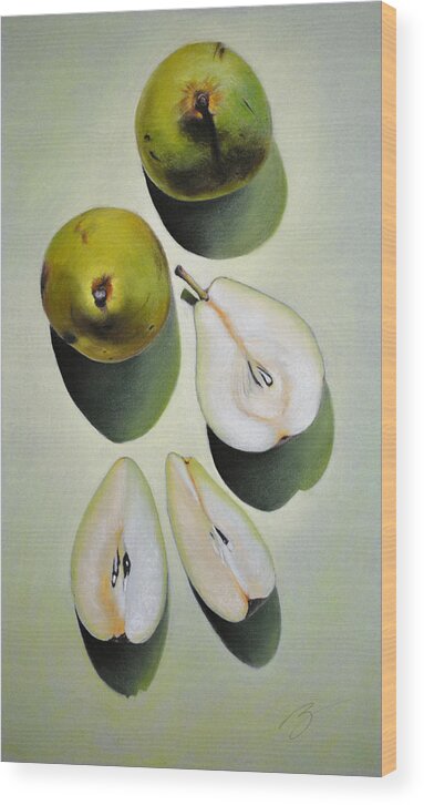 Pastel Wood Print featuring the pastel Green Pears - Pastel by Ben Kotyuk