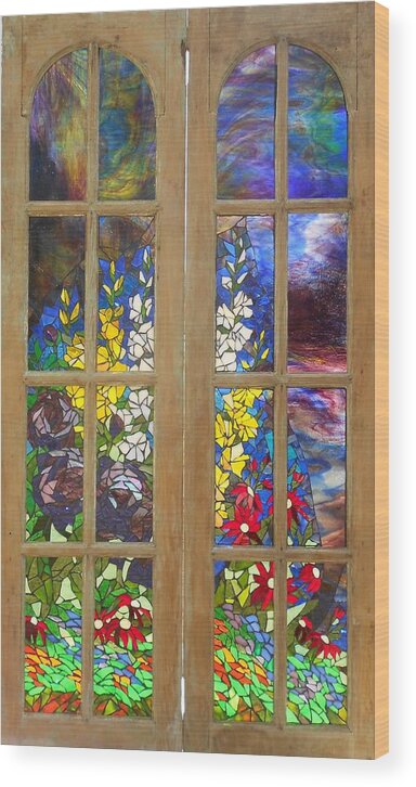 Flowers Wood Print featuring the glass art Mosaic Stained Glass - Flower Garden by Catherine Van Der Woerd