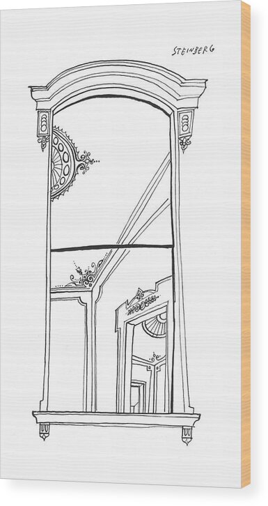 Saul Steinberg 93341 Steinbergattny   (window Looking Into Doorways Of A Victorian Apartment Or House.) Apartment Apartments Building Class Coiling Doorways Elaborate Estate ?at Home Homes House Into Looking Money Opulence Privacy Private Real Rent Rich Spot Sstoon Upper Victorian Voyeur Wealth Wealthy Window Wood Print featuring the drawing New Yorker September 14th, 1957 by Saul Steinberg