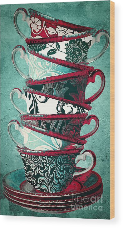 Tea Wood Print featuring the painting Afternoon Tea Aqua by Mindy Sommers