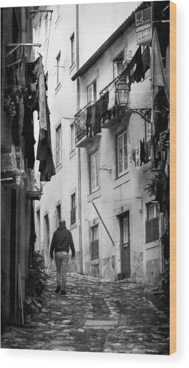 Joan Carroll Wood Print featuring the photograph Alfama Life Lisbon Portugal BW by Joan Carroll