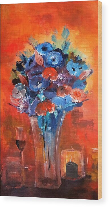Blue Wood Print featuring the painting Blue In The Warmth Of Candlelight by Lisa Kaiser