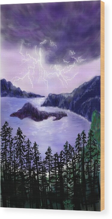 Digital Wood Print featuring the digital art Lightning in Purple Clouds by Brenda Tamano Preston
