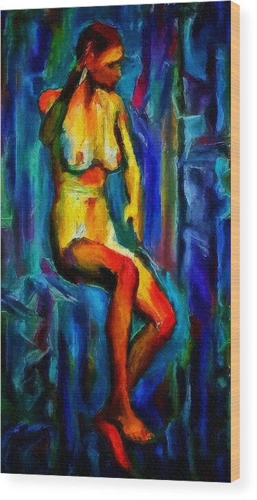 Nude Female Figure Portrait Artwork Wood Print featuring the painting Nude female figure portrait artwork painting in blue vibrant rainbow colors and styles warm style undersea adventure in blue mythology siren women and not sensual by MendyZ