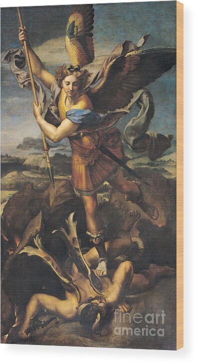 Michael Wood Print featuring the painting Saint Michael Overwhelming the Demon by Raphael