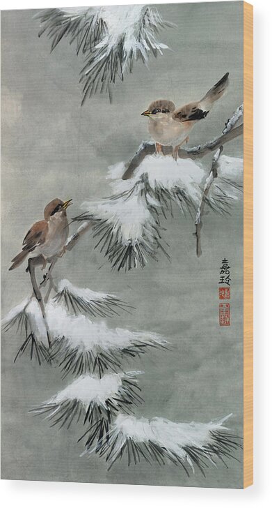 Snow Pine Wood Print featuring the painting Sparrows on Snowy Pine by Charlene Fuhrman-Schulz